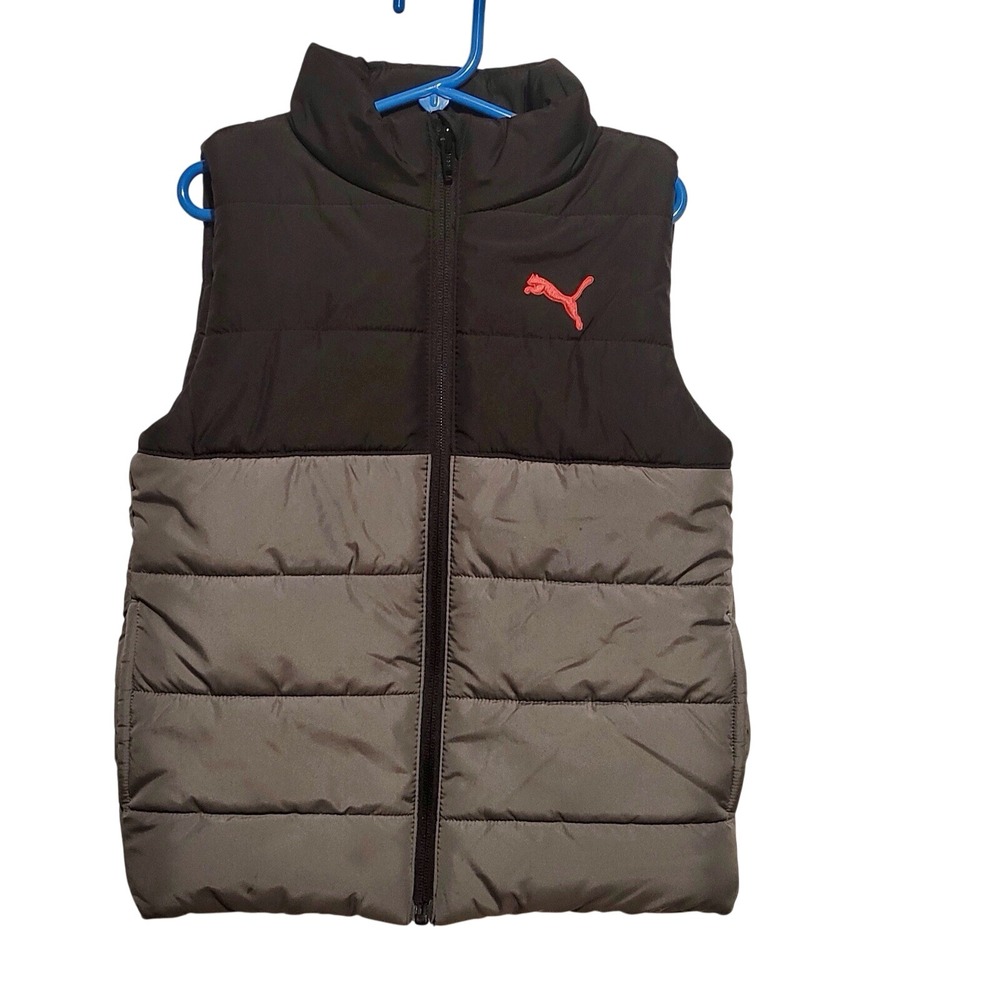 PUMA Boys Size XS 5/6 Black/Gray Zip-Up Puffer Vest Red Logo With‎ Pockets